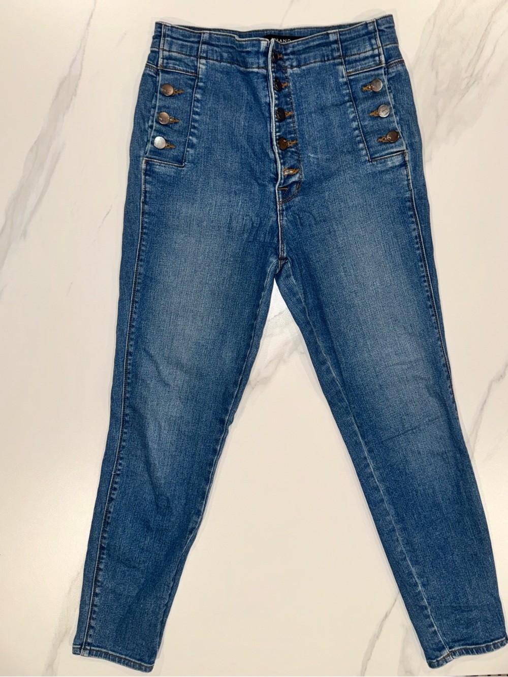 J Brand High-Rise Button-Front Denim in Medium Blue